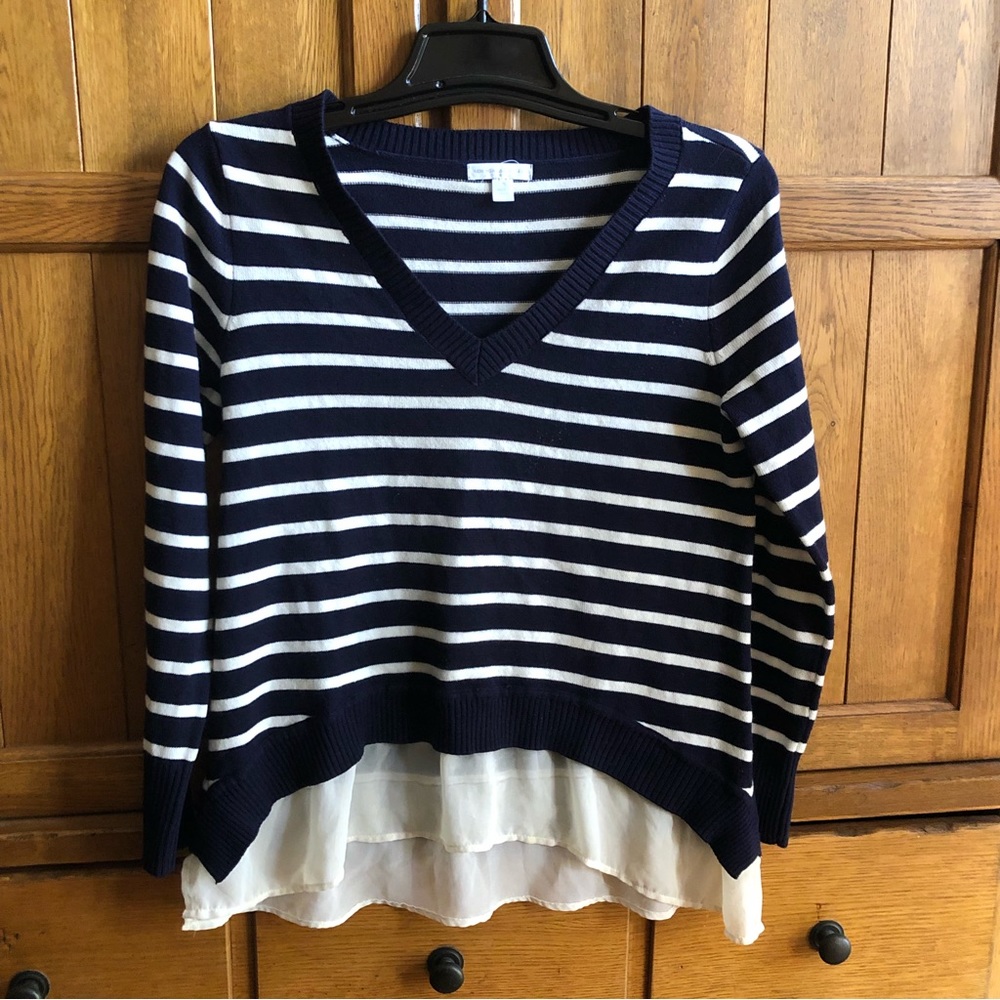 Navy and ivory striped v-neck blouse